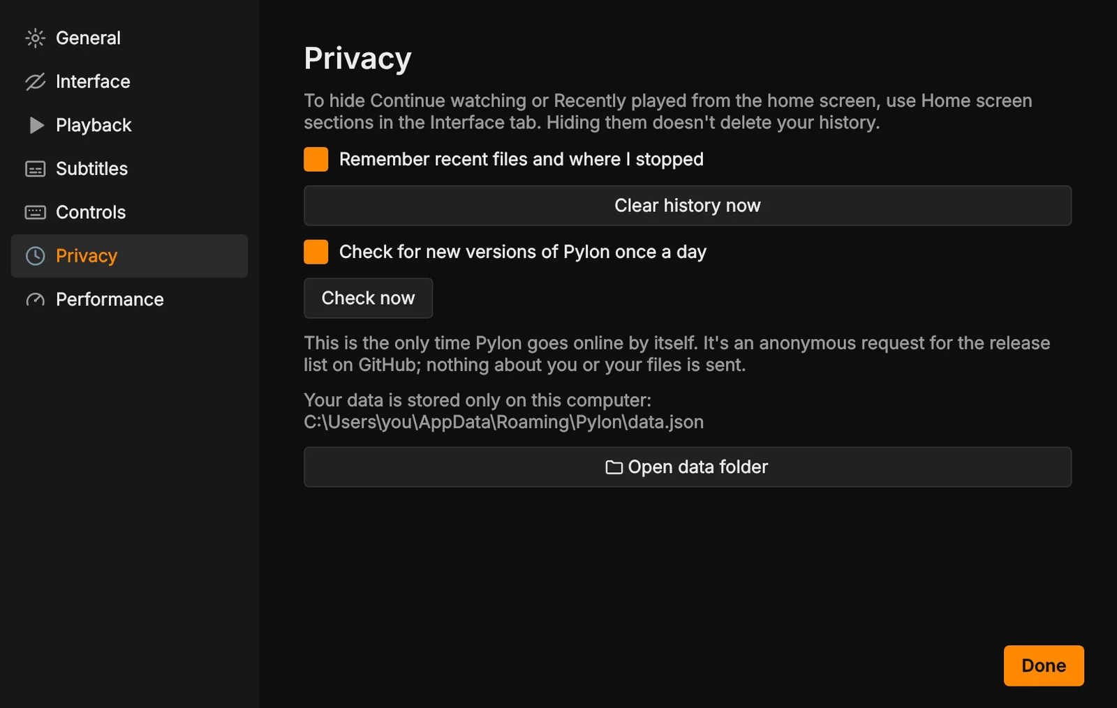 Preferences > Privacy