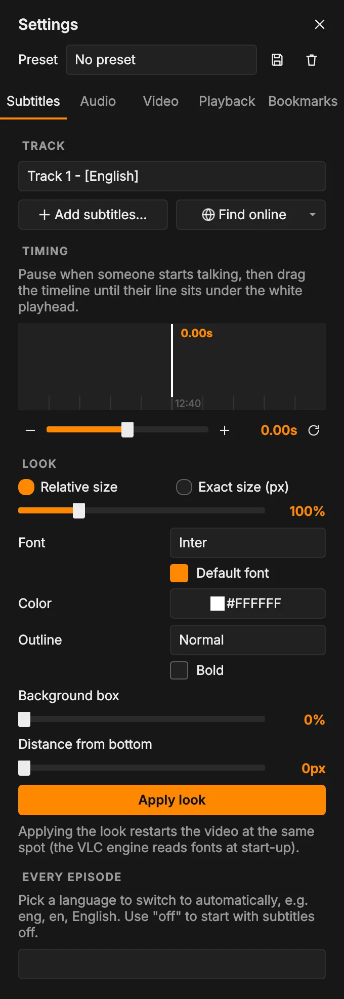 Subtitles tab