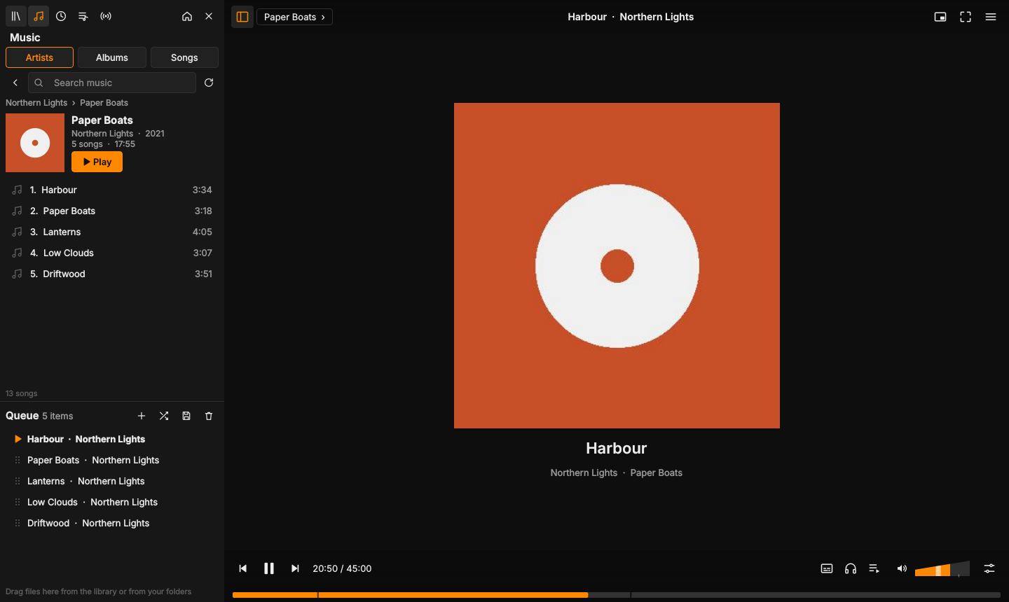 Music library with artists, albums and cover art