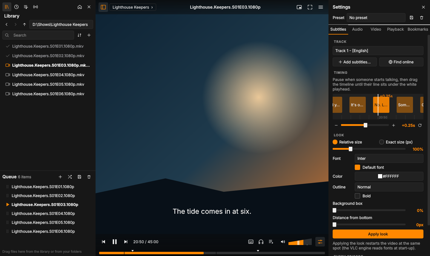 Settings panel with the draggable subtitle timeline