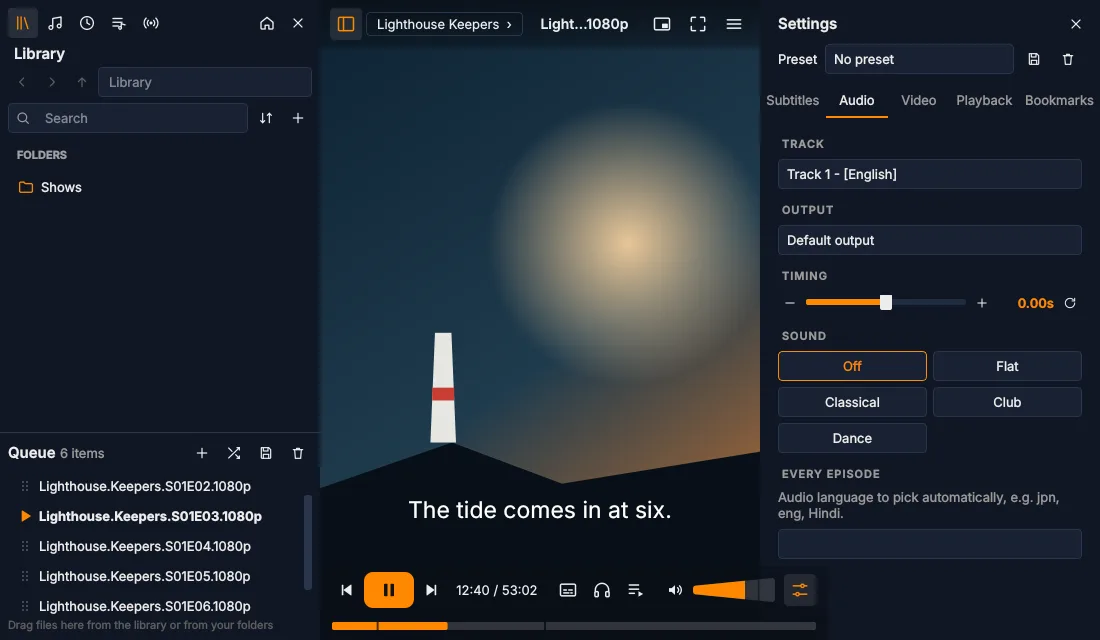 Pylon playing an episode with the library, queue and settings open